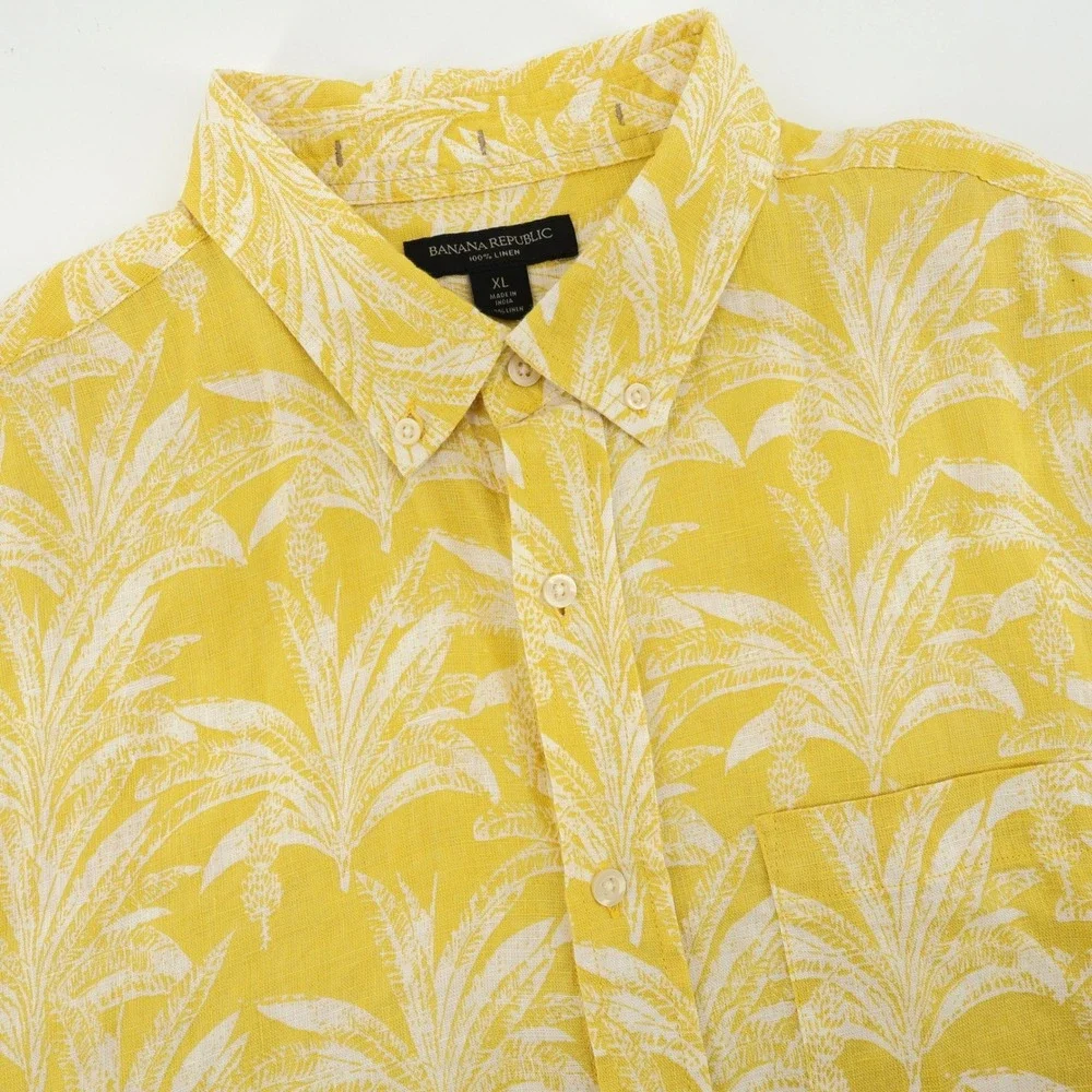 Banana Republic 100% Linen Button Down Shirt Yellow Tropical Palm‎ Leaf Mens XL